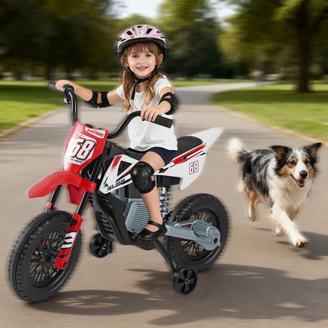 Moto électrique enfant rouge 12 V avec roulettes stabilisatrices amovibles et suspension pour jardin, parc et terrasse (1/5)