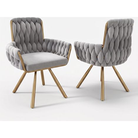 FurnitureR Swivel Dining Chairs Set of 2, Grey Velvet Upholstered Kitchen Chairs with Gold Metal Legs, Modern Accent Dining Chairs with Curved Backrest & Armrests