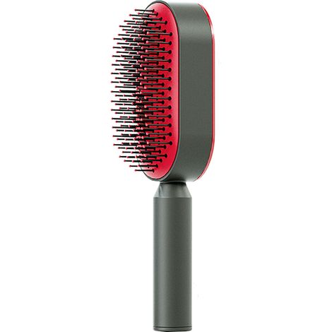 Brosse à cheveux coussin auto-nettoyante, peigne rond massant le cuir chevelu, idéale pour cheveux longs femme, rouge. (1/5)
