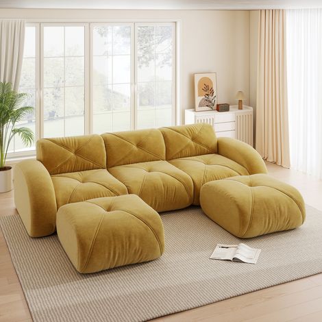 Sofá modular en U de chenilla amarilla 281x171x76 cm con 2 pufs, sin montaje (1/5)