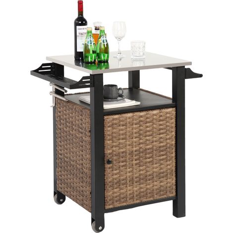 Chariot de bar à porte simple, îlot roulant en rotin pour cuisine extérieure et armoire de rangement, roulettes et plateau extensible en acier inoxydable, poignée latérale pour patio, cuisine ou bar, (1/4)