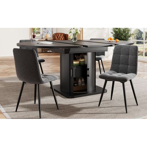 Ensemble de salle à manger moderne (5 pièces), comprenant table et chaises pour 4 à 6 personnes, table extensible avec 4 chaises, table à manger avec tiroirs, chaise en lin gris, noir (1/4)