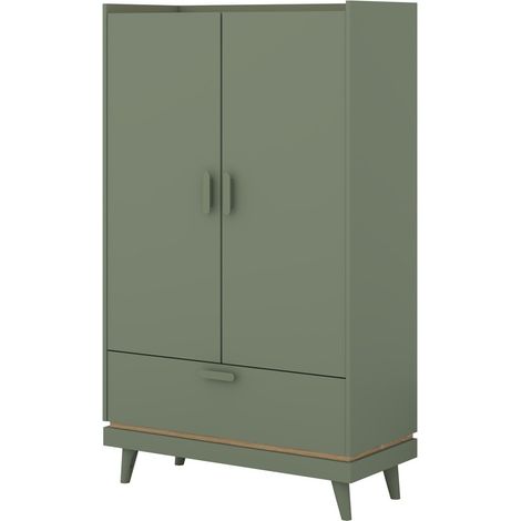 Armario NOKI – 2 puertas + 1 cajón verde y madera – Armario pequeño estilo escandinavo