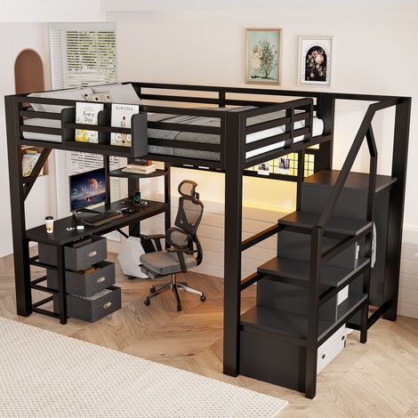 Lit mezzanine en métal 140x200cm - bureau, 3 tiroirs, compartiments de rangement et armoire, éclairage LED, noir (1/5)