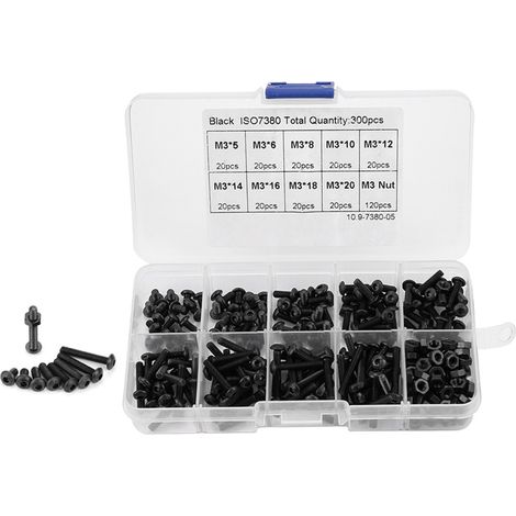 Kit d'assortiment de 300 vis, boulons et écrous à tête bouton hexagonale creuse M3 noirs, classe 10.9