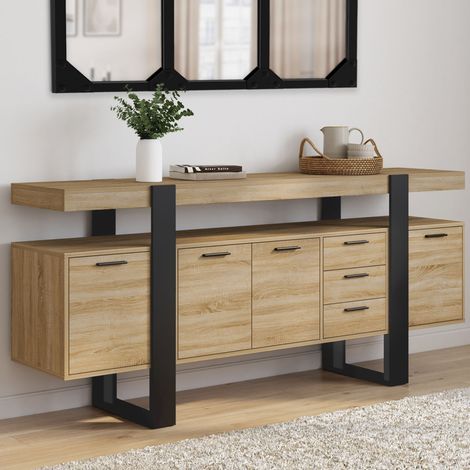 Aparador PHOENIX XXL 180 cm con 4 puertas y 3 cajones negro y madera