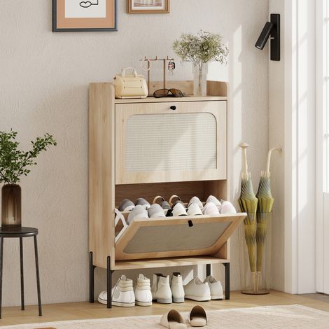 Armoire de rangement pour chaussures 12 paires, 2 tiroirs coulissants, portes en osier, étagères réglables, bois chêne. (1/5)