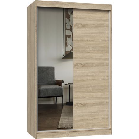 Hucoco – Armoire à 2 portes coulissantes avec miroir – Largeur 120 cm – 5 étagères – Finition aspect bois – À monter soi-même (1/4)