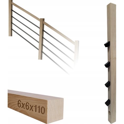 Poteau en bois - 6 x 6 x 110 cm - Kit de montage complet - Idéal pour garde-corps - frêne
