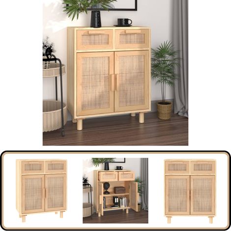 Sideboard Braun 60x30x75 cm Massivholz Kiefer und Natur-Rattan - Schreibtisch - Wohnzimmermöbel - Sideboard - Regal - Holzmöbel