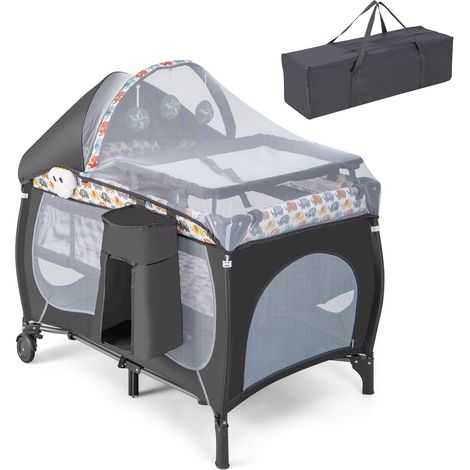 COSTWAY 5 in 1 Lettino da Campeggio Pieghevole, Culla Neonato da Viaggio con Fasciatoio Materasso e Zanzariera, Box Bambini Portatile con Borsa, dalla Nascita fino a 15 kg (Elefante Colorato) (1/5)