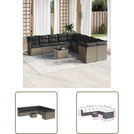The Living Store 11-tlg. Garten-Sofagarnitur mit Kissen Grau Poly Rattan - Gartensortiment - Gartenmöbelset - Lounge Set - Rattan Möbel - Polyethylen Furniture