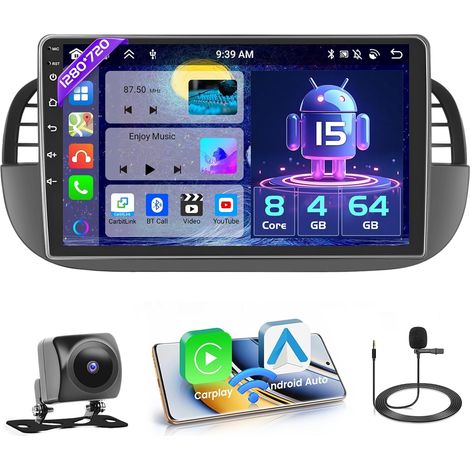 [8 Core 4+64GB] Android 15 Autoradio pour Fiat 500 2007-2015 Radio Carplay Android Auto sans Fil Écran Tactile 9’’ Bluetooth Stéréo Mirror Link WiFi GPS SWC USB (1/5)