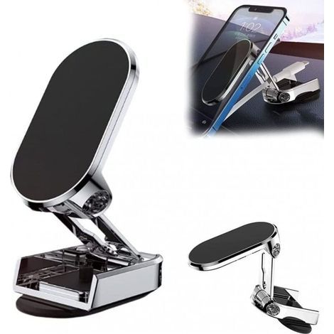 Supporto per cellulare pieghevole in metallo magnetico con rotazione a 360 gradi - Argento (1/4)