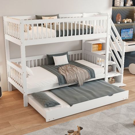 Etagenbett mit Rollbett und Treppenschrank, Kinderbett 90x200cm mit Stauraum, Stockbett ausziehbar mit Rausfallschutz, Kiefer MDF Weiß (1/5)