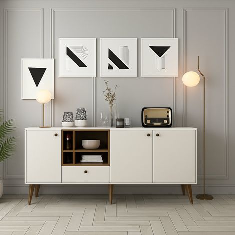 Schrank Eidechse, Anrichte 4 Regale, eine Schublade, 3 Türen, 180x35x81h cm Cremeweiß (1/5)