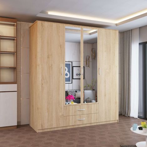 London 4 Door Hinged Wardrobe with Mirror and Storage - Oak 171cm (1/4)