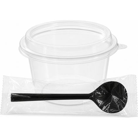 Bol jetable 360 ml, couvercle haut, cuillère et papier, 100 sets