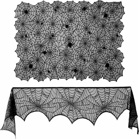 Ensemble 2 pièces : nappe rectangulaire en dentelle à motif toile d'araignée et cache-manteau en dentelle à motif toile d'araignée pour les dîners d'Halloween (1/5)