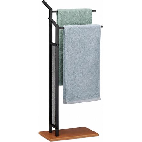 Porte pied, Support pour serviettes de bain 2 barres fer aspect bois, 88 x 40 x 20 cm, MDF (1/5)