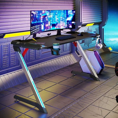SIRHONA Bureau Gamer Bureau de Jeu avec Porte-gobelet Câble Rangement et Crochet pour Casque Table de Gaming Noir 140x60x75 cm (1/5)