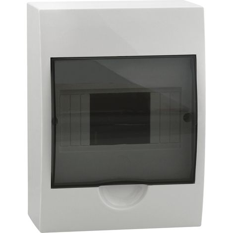 Tableau de distribution modulaire, plastique, 1x6, montage en surface, IP40, IK06, N+PE, classe II, porte grise transparente, DB106S, 1X6P/SMD, blanc, 3831