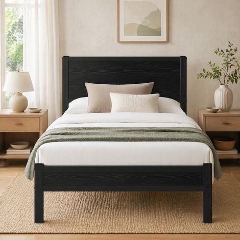 Cama individual de metal y MDF negra 90x200 cm con cabecero y espacio de almacenamiento (1/5)