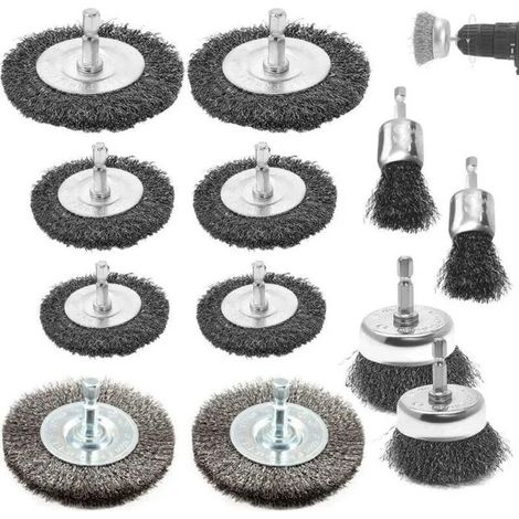 Lot de 12 brosses métalliques en acier inoxydable pour perceuse, tige hexagonale de 6 mm, pour l'élimination de la rouille et le nettoyage. (1/4)