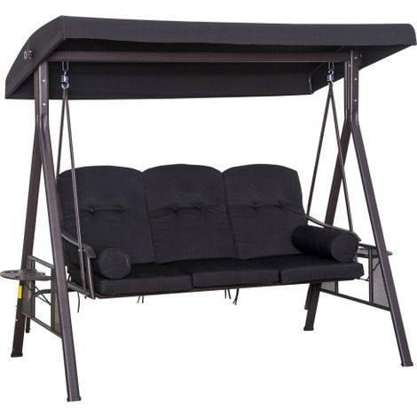 Balancelle de Jardin 3 Places avec Toit Solaire et Coussins Hollywoodschaukel Extérieur Terrasse Métal Polyester Résistant Noir 116x206x183 cm (1/5)