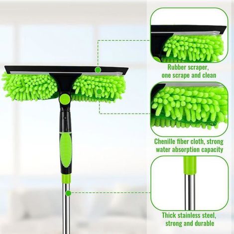 3m Réglable Lave Vitre Telescopique, 3-en-1 Nettoyeur de Raclette Vitre Kit, avec Balai en Silicone et Brosse, Kit de Vert RACLETTE (1/5)