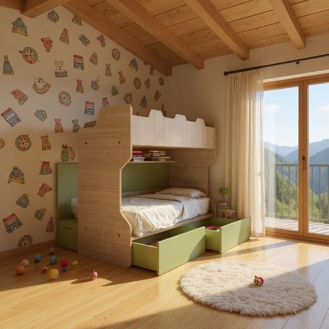 Letto a castello con scala contenitore e terzo letto estraibile - Cameretta salvaspazio - Rovere rock