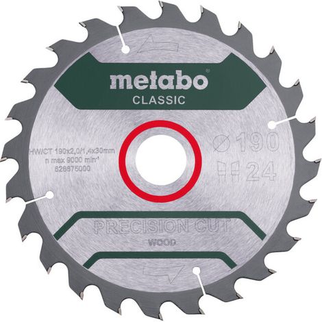 Metabo Lame de scie "precision cut wood - classic", 190x2,0/1,4x30 Z24 WZ 15° /B
