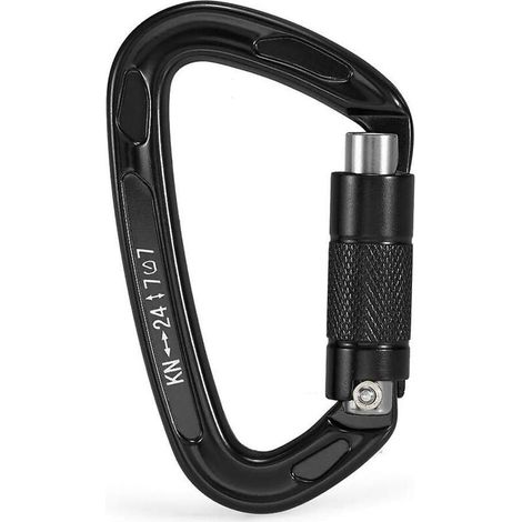 Robuster, selbstverriegelnder D-förmiger Sicherheitshaken aus schwarzer Aluminium-Magnesium-Legierung für Bergsteigen und Eisklettern. (1/5)