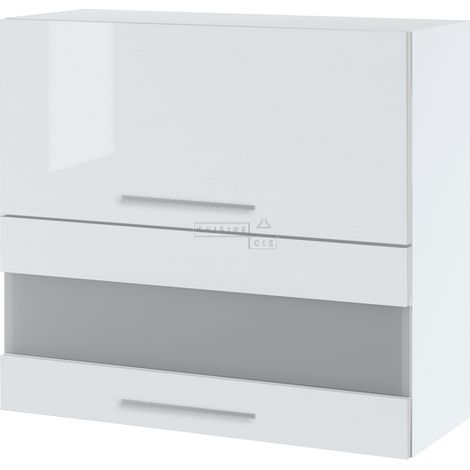 Meuble haut de cuisine Bellissi Blanc Brillant 2 portes relevables avec vitre opaque L 80 cm -  Porte avec poignée apparente  White