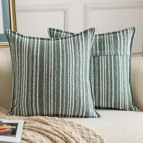Lot de 2 Housses de coussin, texture bouclée rayée, fermeture éclair invisible, coton durable, pour canapé salon chambre, vert menthe 50x50 cm