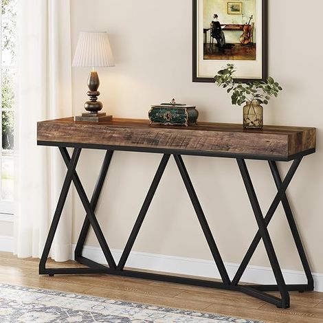 Tribesigns Table Console de 140cm, Table d'entrée en Bois avec Base en métal Unique, Table Basse, Table de Foyer, Table d'accentuation Industrielle pour Couloir, Salon, entrée (Marron) (1/5)