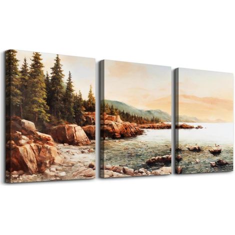 Rotes Riff Aquarell Leinwandbilder Set Sonnenuntergang Meer Landschaft 30x40cm×3 (1/5)