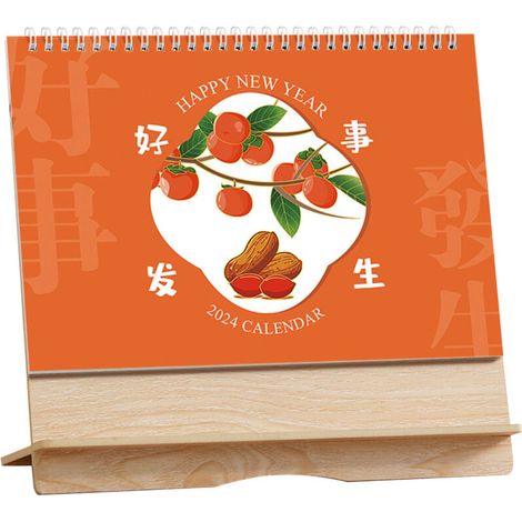 Horizontaler Tischkalender aus Holz, Cartoon-Neujahrskalender 2024, kreative und schlichte Bürodekoration, personalisierbar für Unternehmen und als Geschenk