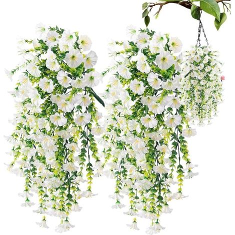 Arbuste de pétunia artificiel en soie, peut être placé dans un pot décoratif ou rempli de terre, blanc, 75 cm de haut (1/4)