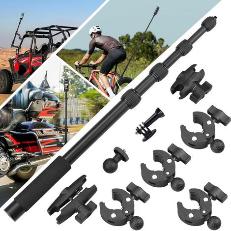 Actionkamera-Fahrradhalterung, kompatibel mit Insta 360 X4 X5 Fahrradlenker-Clip-Halterung, kompatibel mit GoPro 150 cm langer, versteckter Selfie-Stick mit zwei Clips, geeignet für Actionkameras, Mot (1/5)