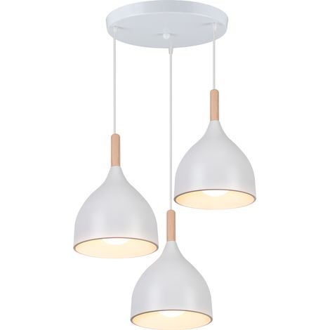 Suspension 3 Lumières Luminaire Contemporain en Métal Lustre Plafonnier pour Chambre Salon Salle à Manger Abat-jour avec Ronde Base Blanc Bois (1/5)
