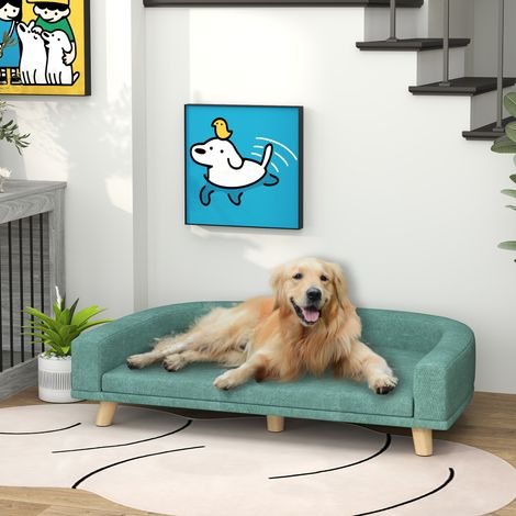 Divano per cani, cuccia rialzata di grandi dimensioni, cuscino lavabile, struttura in legno, tessuto in poliestere, 98 x 67 x 25 cm, verde chiaro