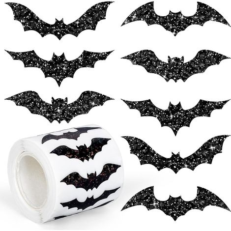 Halloween-Aufkleber, 500 Stück Fledermaus-Aufkleberrolle, Halloween-Aufkleber, Glitzeraufkleber (1/5)