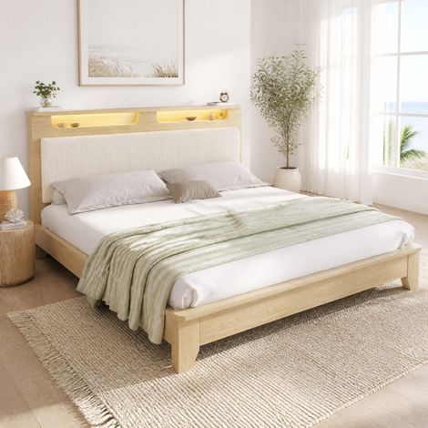 Letto matrimoniale 215x145x110 cm, testiera con LED, contenitore, materasso incluso, corduroy beige, legno (1/5)