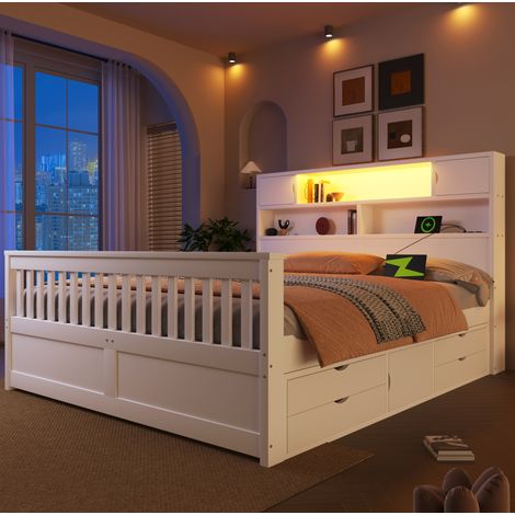Letto a piattaforma 160 x 200 cm bianco con contenitore, LED, USB e 4 cassetti (1/5)