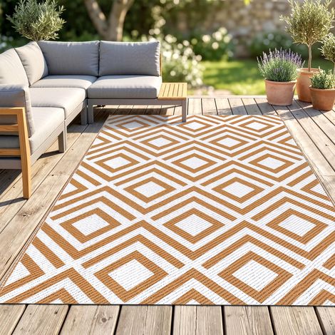 Tapis d'extérieur réversible pour balcon et terrasse avec motif géométrique, 182x274 cm, Marron et Blanc (1/5)