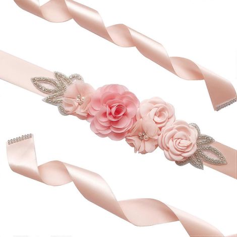Ceinture de mariée AVEKI ornée de fleurs, perles et strass, rose clair, idéale pour les futures mariées et demoiselles d'honneur. (1/5)