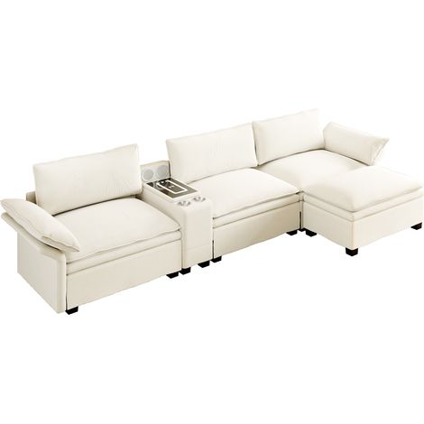 Canapé sectionnel modulable de 315 cm, canapé nuage en L en chenille avec rangement, ottoman, recharge sans fil, haut-parleurs, éclairage, 2 porte-gobelets, pour salon et bureau, beige/blanc (1/5)