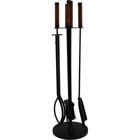 Leather Handle Fireside Companion Set - Iron - L20 x W20 x H71.5 cm - Black