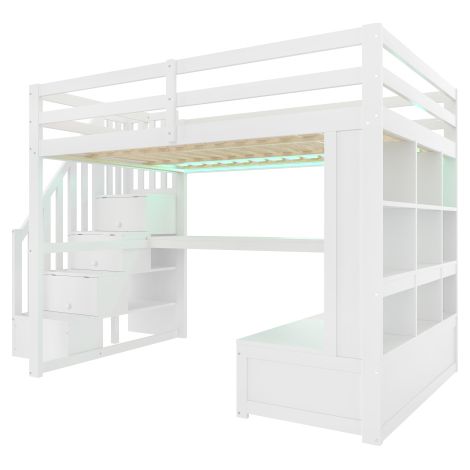 Hochbett mit Schreibtisch und Regalen, zwei integrierten Schubladen, Stauraumtreppe
